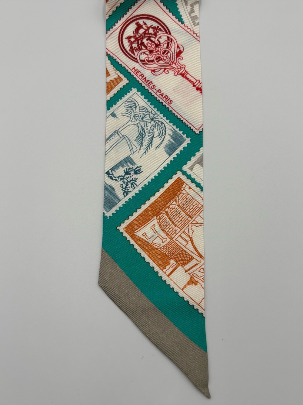 Hermès Le Philateliste du Faubourg Twilly Scarf Cream Teal Stamp Print Silk - Picture 4 of 6